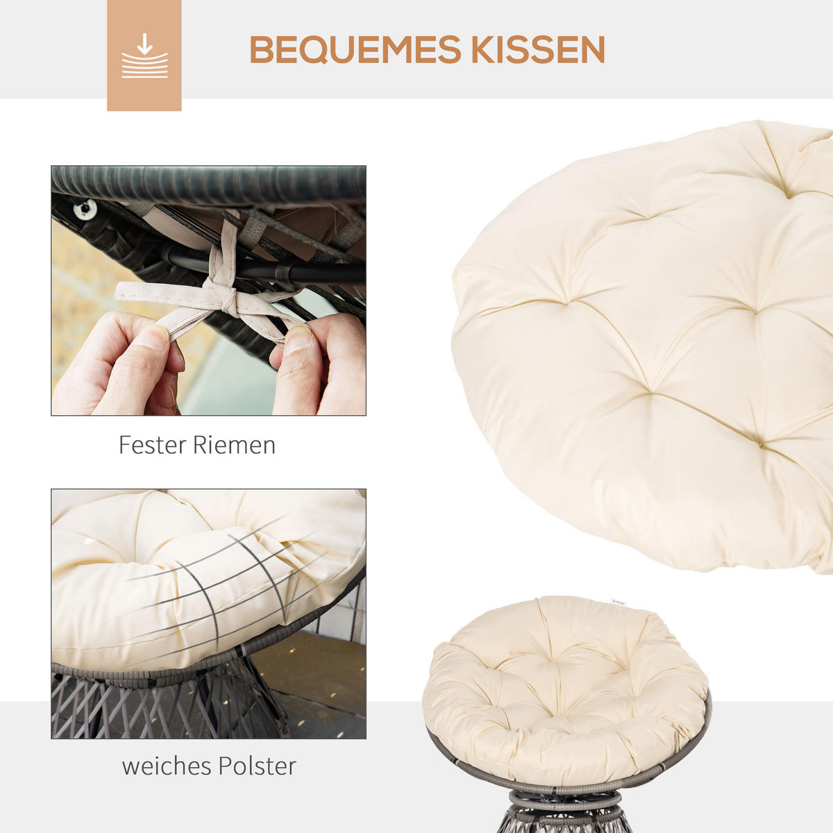 PAPASANSESSEL mit Polster 360 Grad Rattan Beige B87 x T97 x H86 cm - Beige, Kunststoff (97/90/87cm) - Outsunny