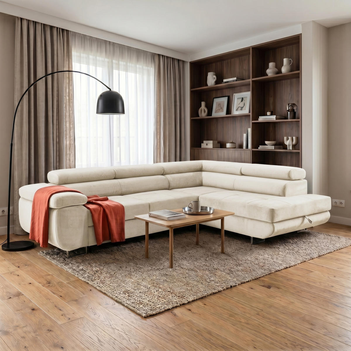 ECKSOFA WILD L Rechts mit Schlaffunktion 127x195 Velours Beige - Chromfarben/Beige, Holz/Textil (274/203cm) - Muffo