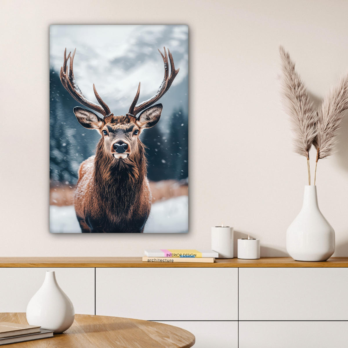 LEINWANDBILD Hirsche - Tiere - Landschaft - Winter - Schnee Wanddeko 40x60 cm - Kastanienfarben, Textil (40/60cm) - MuchoWow