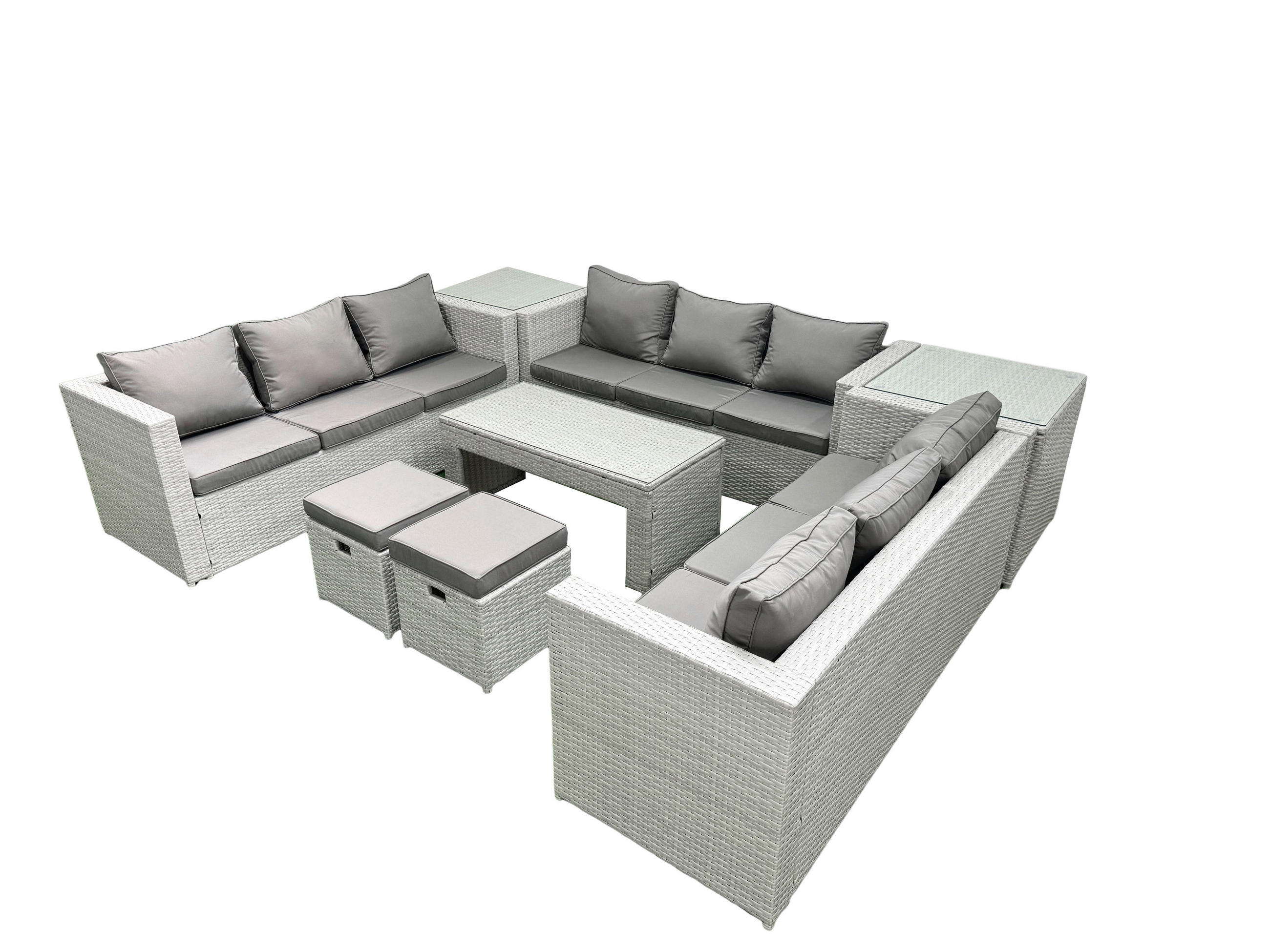 BALKONMÖBEL-SET Polyrattan Hellgrau-Mix 11-teilig - Hellgrau/Grau, Glas/Kunststoff - Fimous