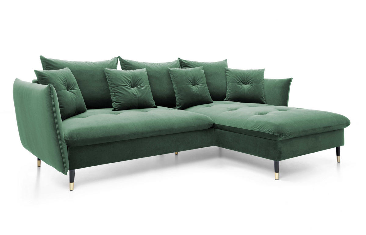 ECKSOFA GLAM mit Schlaffunktion, Ottomane & goldenen Füßen – Samtsofa im Glamour-Stil mit Zierkissen, 258x167x91 cm, rechte, grün​ - Grün, Holz/Textil (258/167cm) - DomoHome