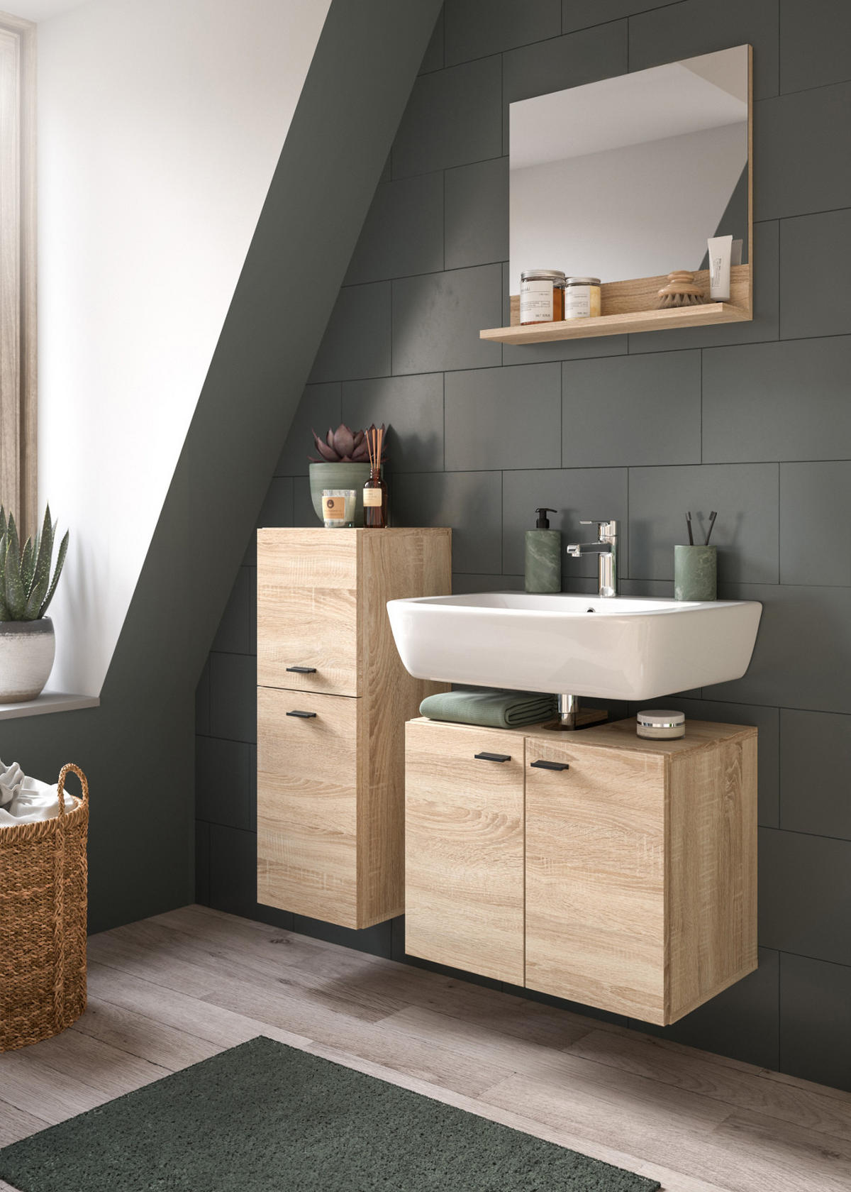 KOMMODE Eiche 30 cm, Badschrank hängend oder stehend - Eichefarben/Schwarz, Holzwerkstoff/Kunststoff (30/80/29cm) - Inn.Furn