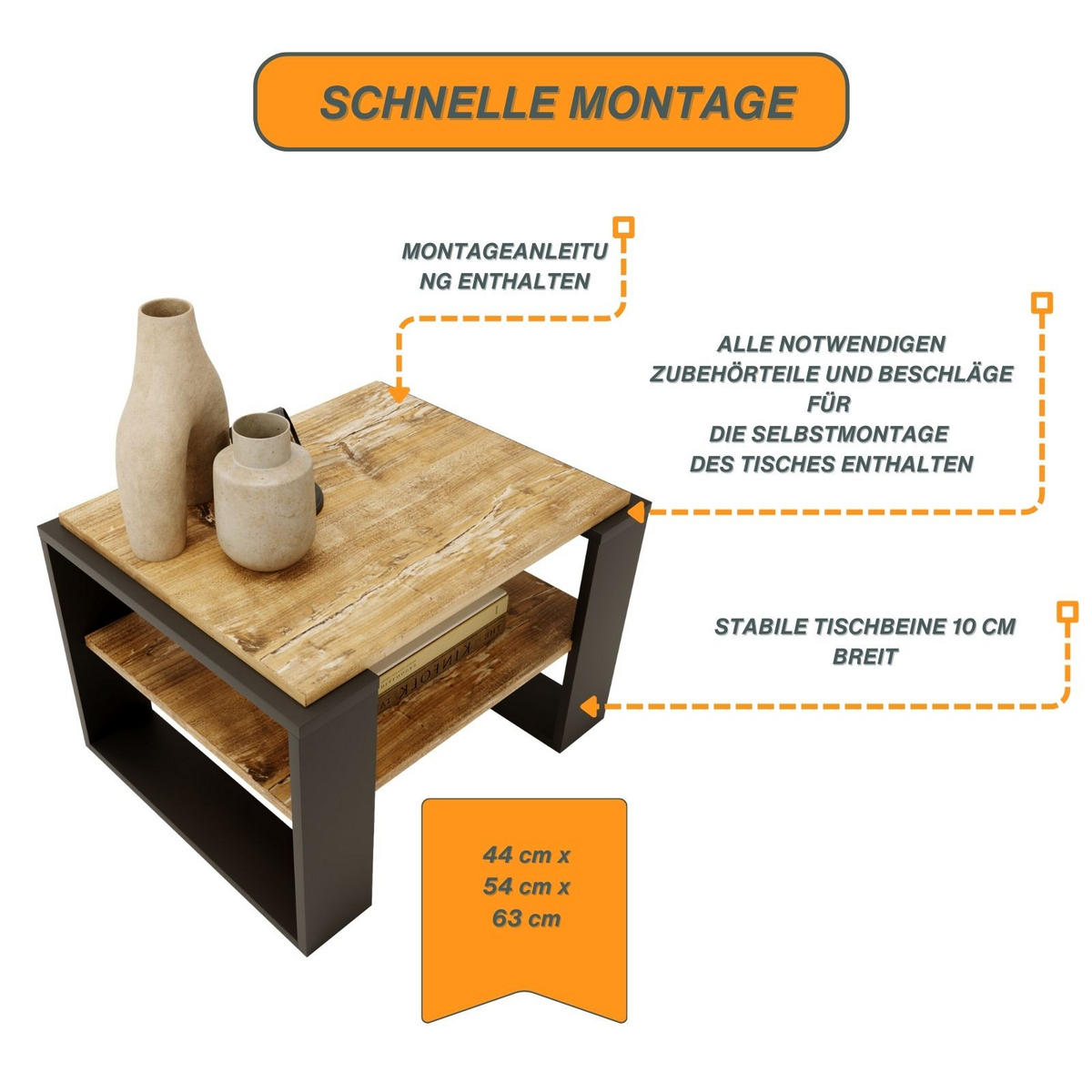 COUCHTISCH Holzwerkstoff rechteckig stabil Kiefer Milford 44/54/63cm - Kiefer Milford/Schwarz, Holzwerkstoff (54/63/44cm) - CraftPAK