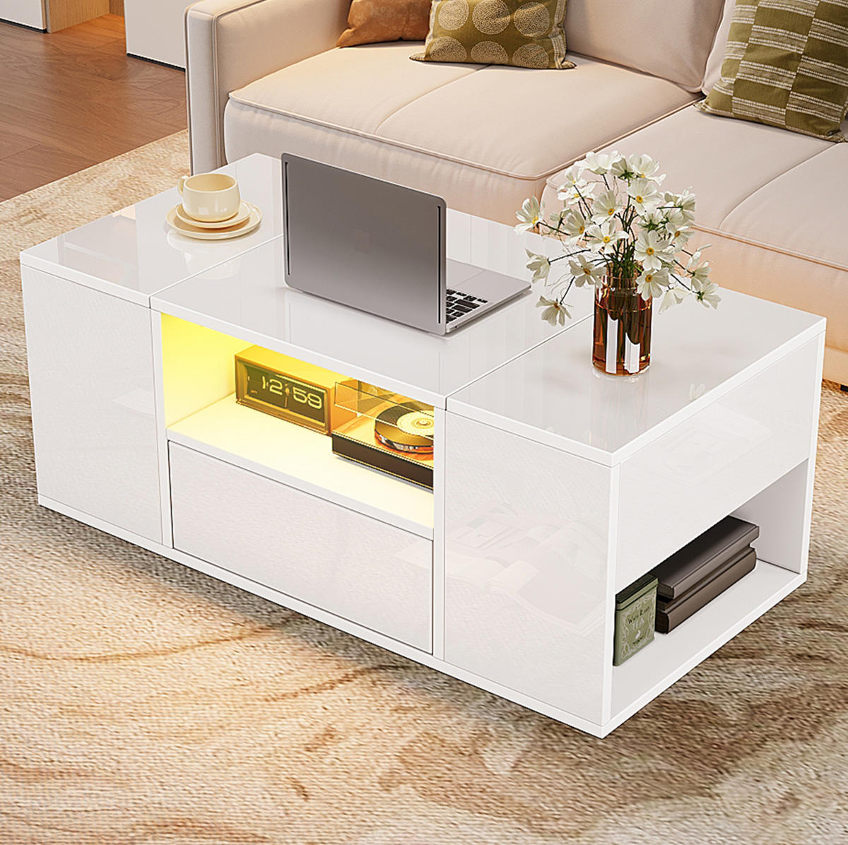 COUCHTISCH 100/50/40 cm in Weiß mit LED-Beleuchtung und viel Stauraum - Weiß, Holzwerkstoff (100/50/40cm) - Flora Grace