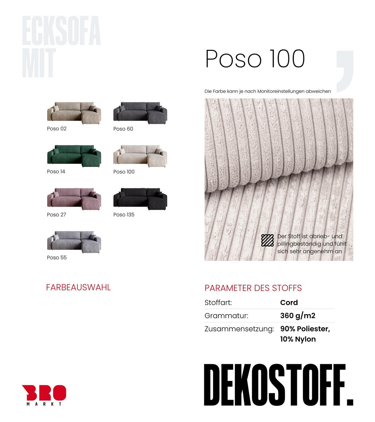 ECKSOFA PUMI mit Schlaffunktion Vanille Cord - Creme, Textil (244/148cm) - Bromarkt