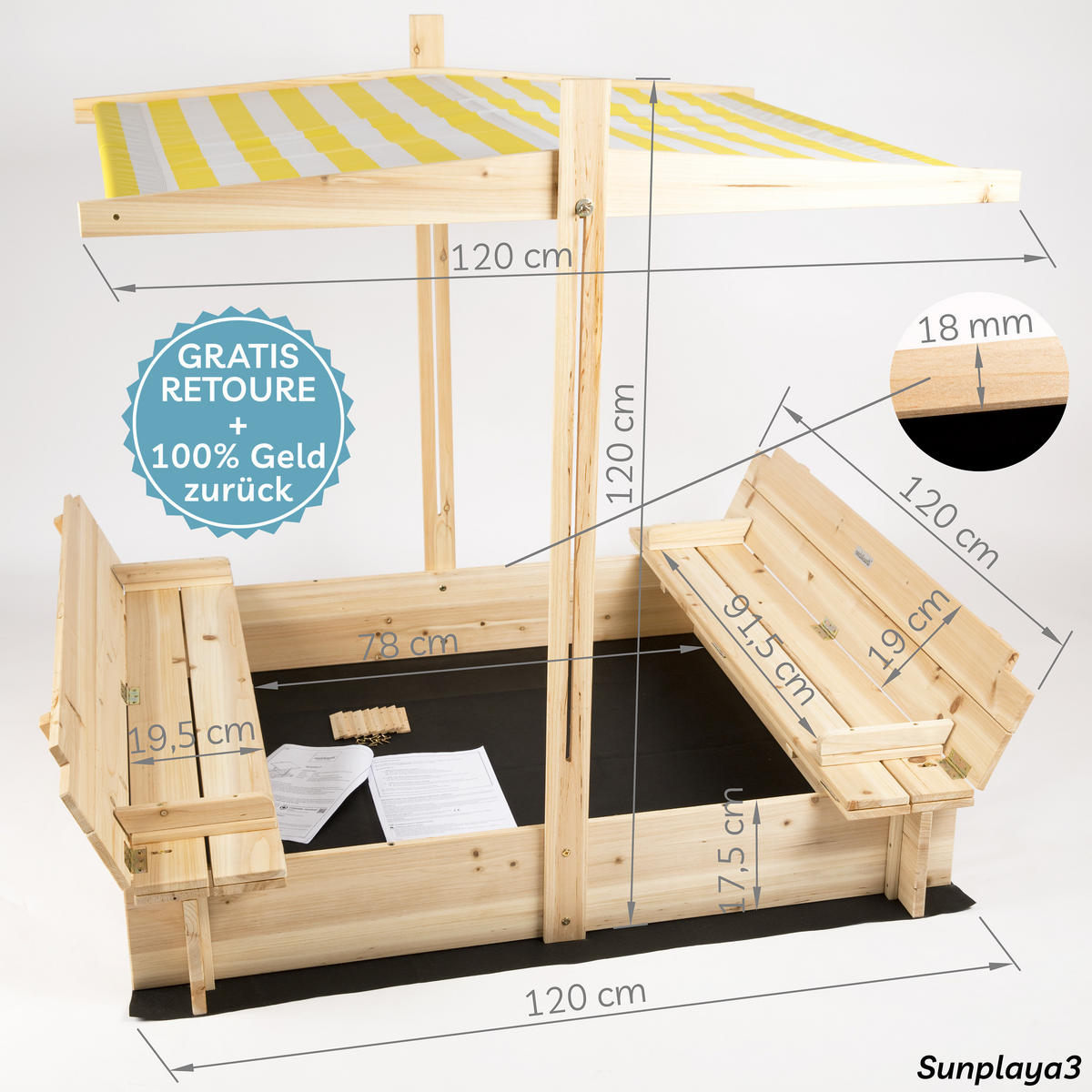 SANDKASTEN mit Abdeckung und Sitzbank aus Holz, wetterfest - Gelb, Holz (120/120/120cm) - needs&wants