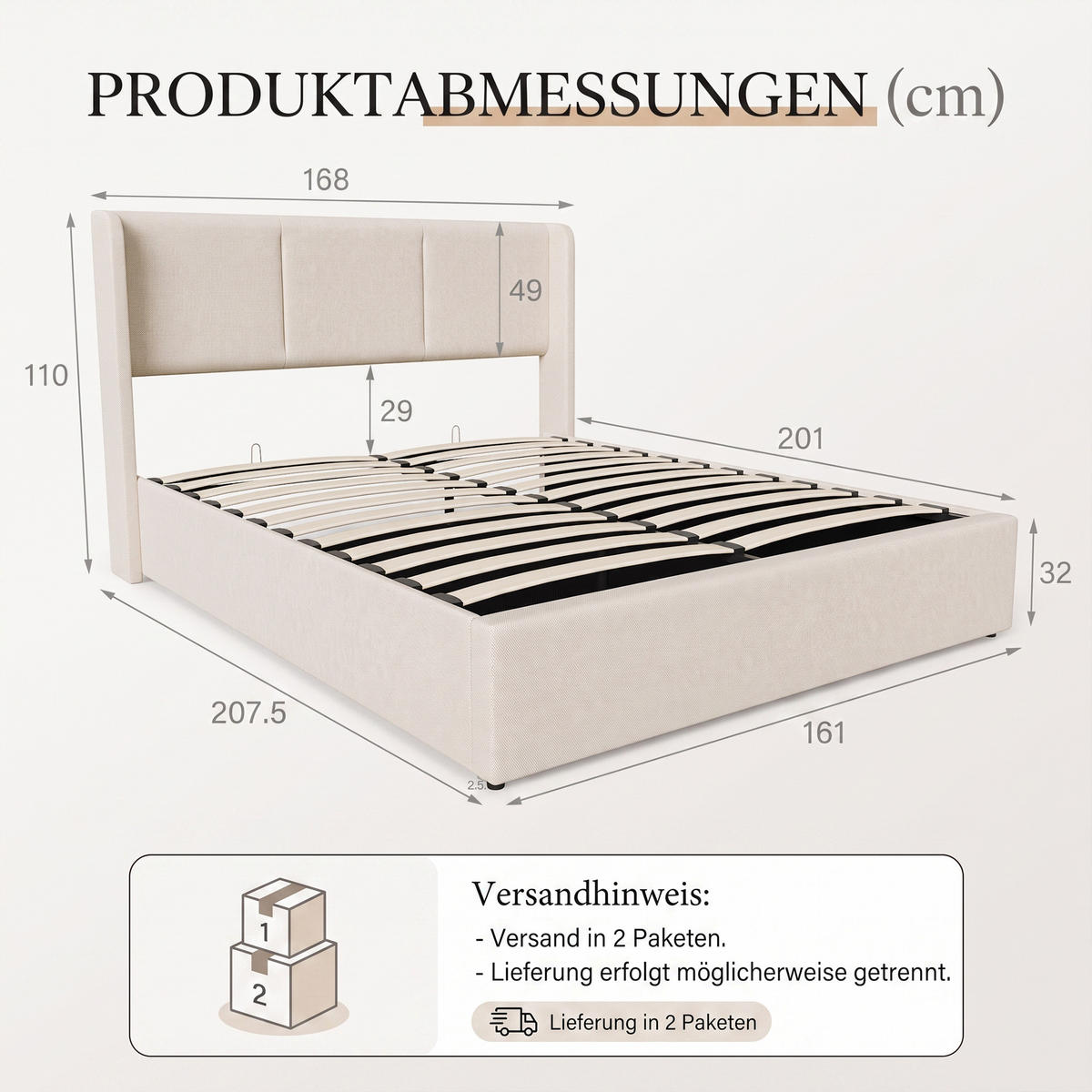 POLSTERBETT 160x200 cm mit Bettkasten und gepolstertem Kopfteil, Lattenrost mit Stauraum, Leinenbezug in Beige - Beige, Holz/Textil (160/200cm) - GENKI LIVING