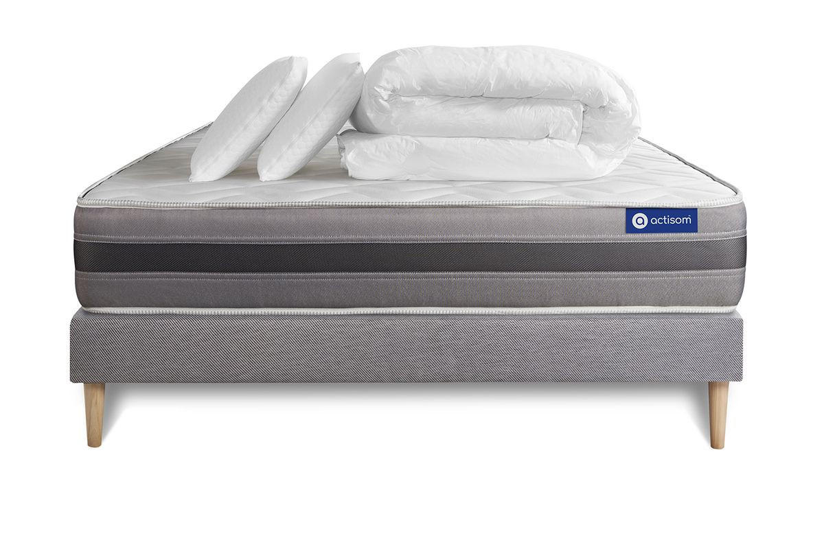 BETT Actiflex relax Taschenfederkern und Memory-Schaum 200 x 200 cm h1 - Kit Bettgestell Grau - Mit Kissen und Bettdecke - Beige/Grau, Karton/Holz (200/200cm) - ACTISOM