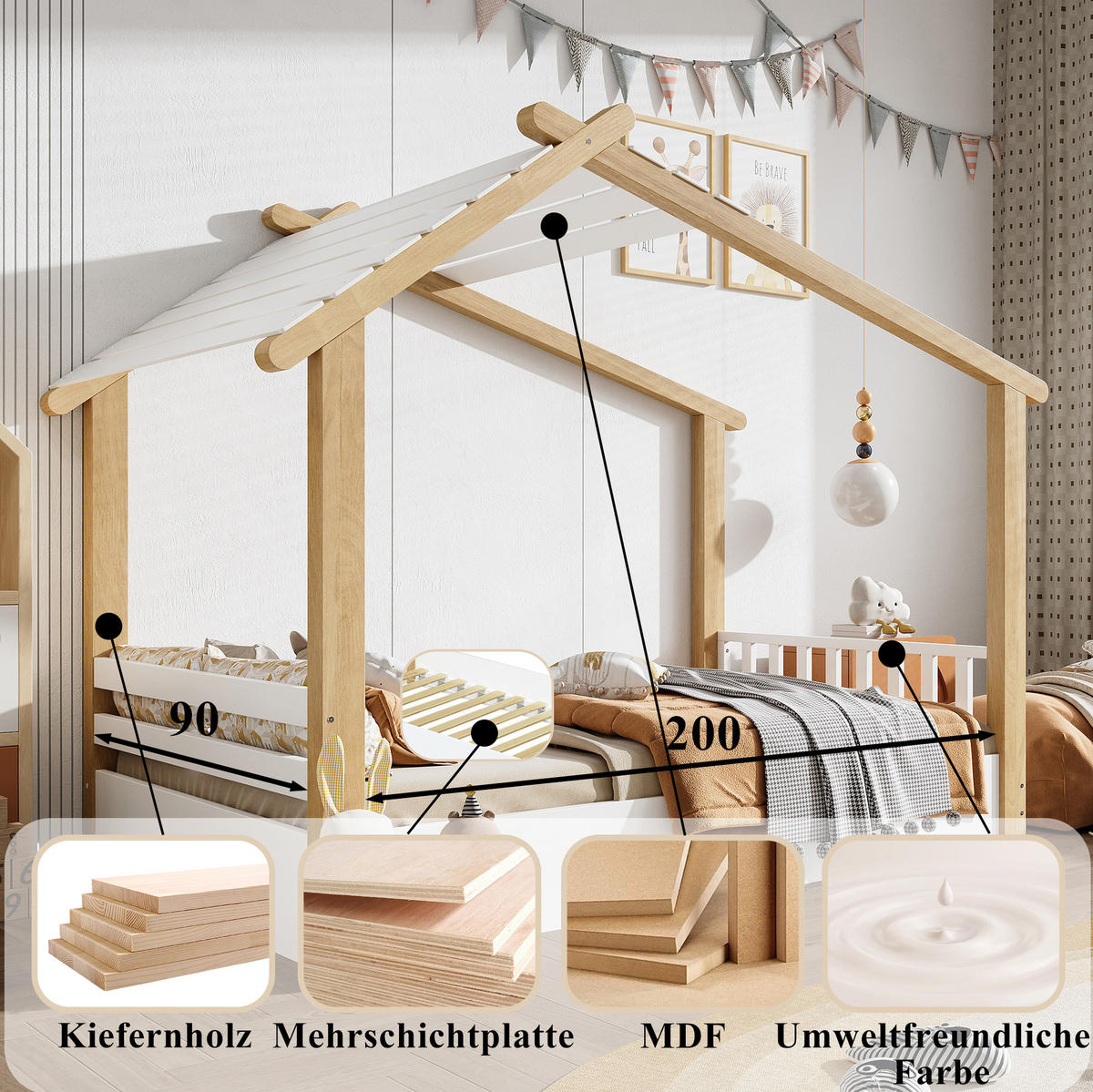 HAUSBETT aus Kiefer, Spanplatte und MDF 90x200 cm Weiß/Natur mit Lattenrost im Holzhausdesign - Weiß, Holzwerkstoff (90/200cm) - Modfu