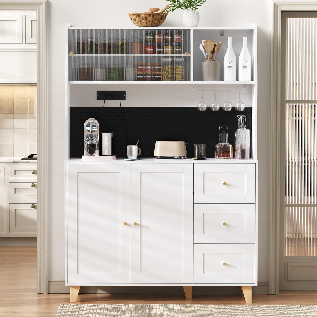 BUFFETSCHRANK 120/40/184 cm mit Steckdosen, USB-C, Lochplatte, Glashalter und 3 Schubladen, Weiß - Weiß, Holzwerkstoff (120/184/40cm) - Redom