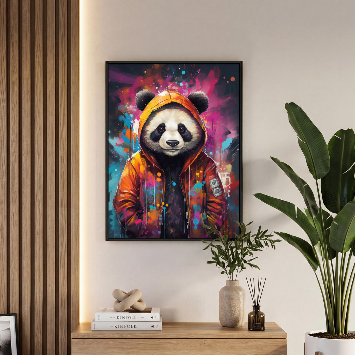 LEINWAND Bilder mit Rahmen - Panda - Jacke - Graffiti - Orange - 50x70 - Orange, Textil (50/70cm) - MuchoWow