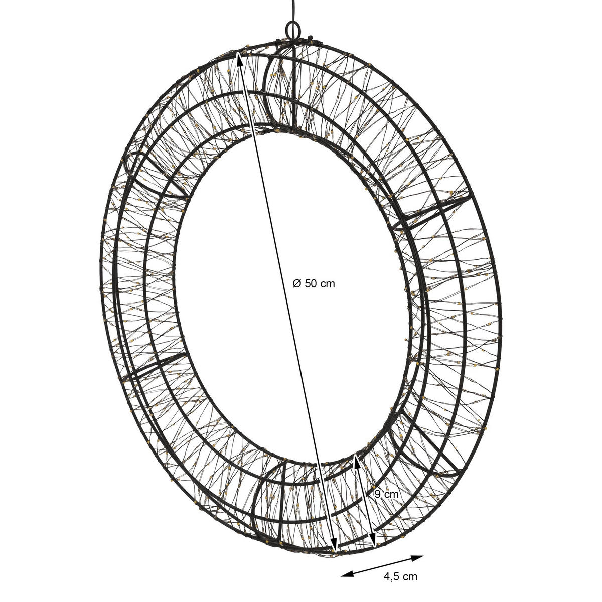 LED VÁNOČNÍ VĚNEC Ø50 cm, vánoční dekorace se světelnou řetězem, teplá bílá, světelný věnec, exteriér - černá, kov (50/50/4.5cm) - ECD-Germany