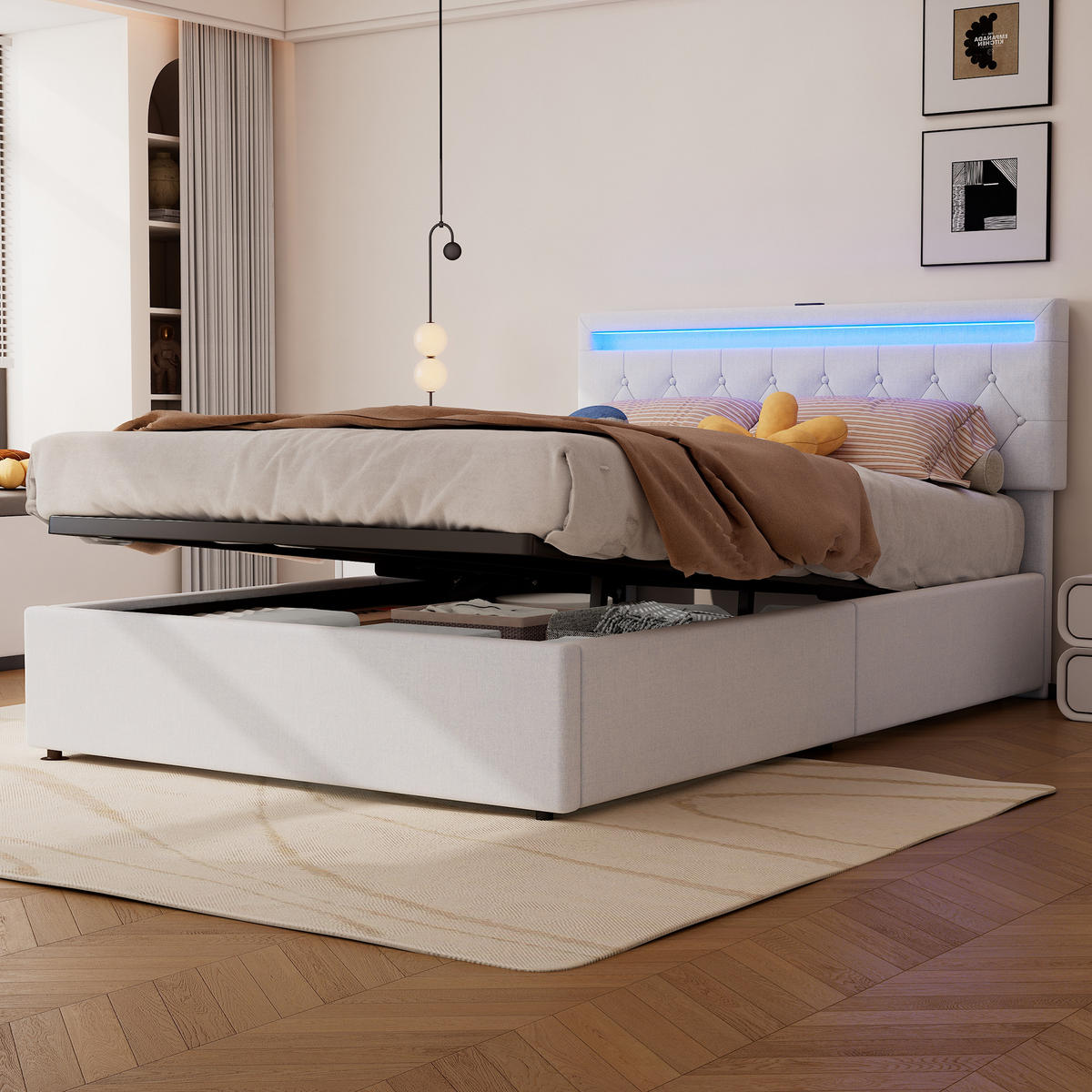 FLACHBETT 140x200cm Weiß gepolstert LED Hydraulik USB-C Stauraum - Weiß, Holz (140/200cm) - FLIEKS