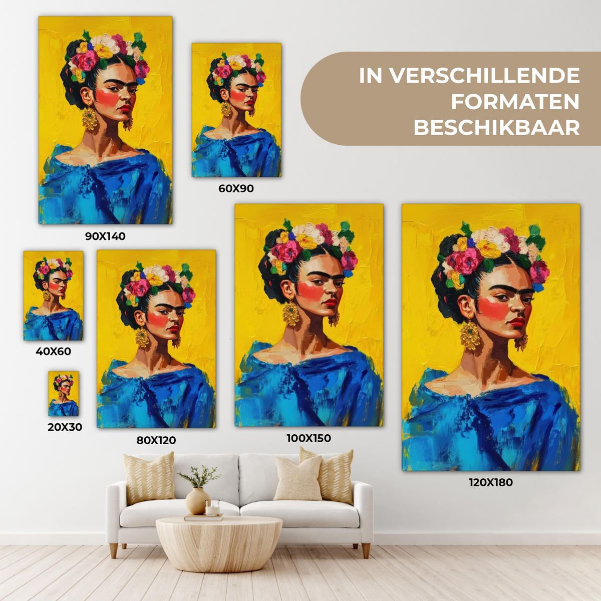 LEINWANDBILD Frida Kahlo - Frau - Gelb - Blau - Blumen 80x120 cm - Gelb, Textil (80/120cm) - MuchoWow