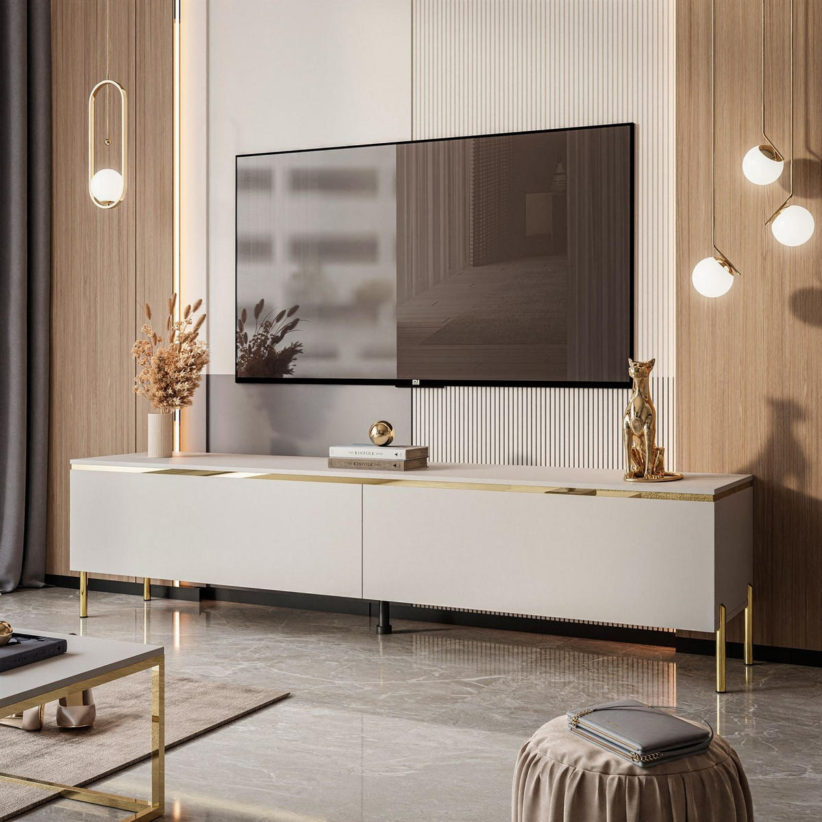 TV-LOWBOARD AURORA Kaschmir mit gerade Goldchrom Fuße - Kaschmir/Goldfarben, Holzwerkstoff/Metall (180/46/40cm) - Lookway
