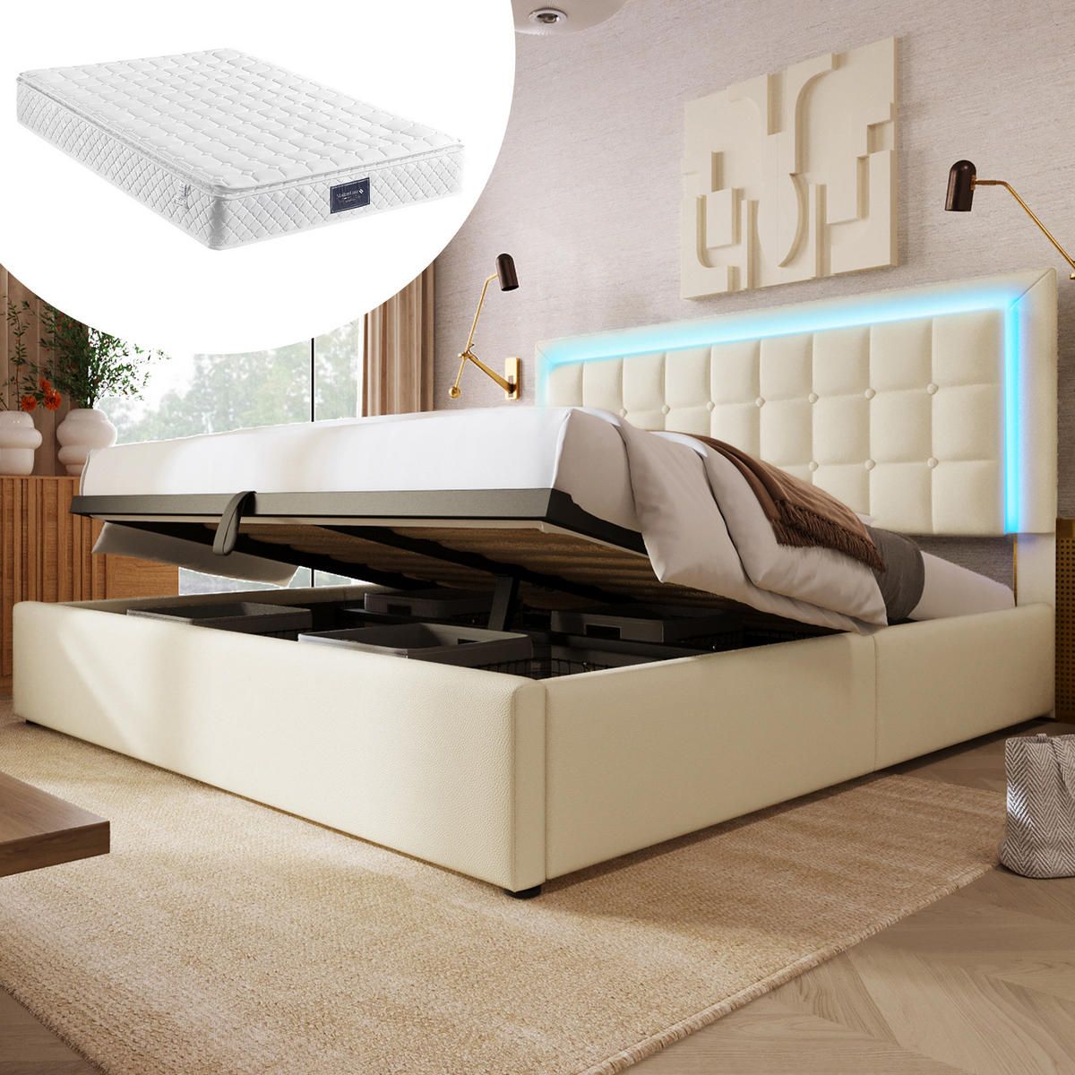 POLSTERBETT aus Kunstleder 160x200 cm in Weiß mit LED-Beleuchtung & Matratze - Weiß, Leder (160/200cm) - Modfu