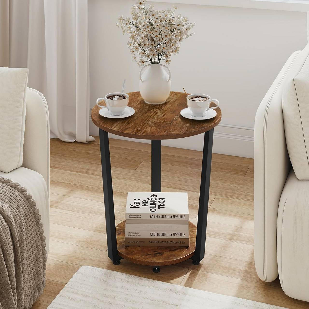 COUCHTISCH rund, mit 2 Ablagen, Vintage-Braun - Dunkelbraun, Holzwerkstoff/Metall (50/50/53cm) - Woltu
