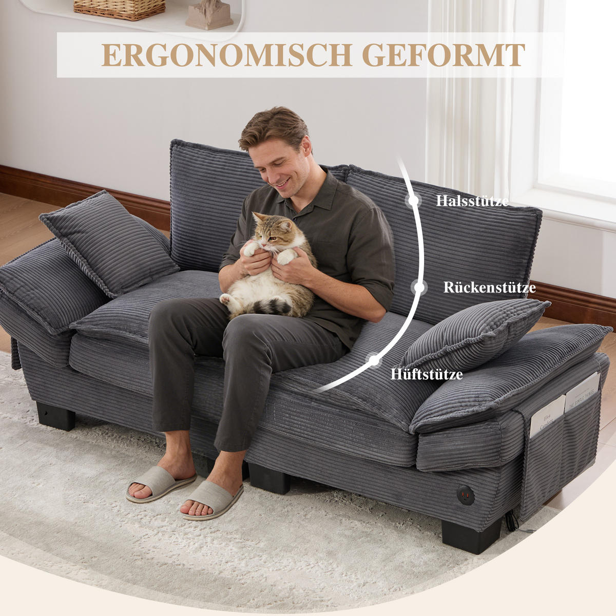 2-SITZER SOFA Cord Dunkelgrau mit USB-C und Seitentaschen - Dunkelgrau, Holzwerkstoff/Kunststoff (190/84/73cm) - WISHDOR