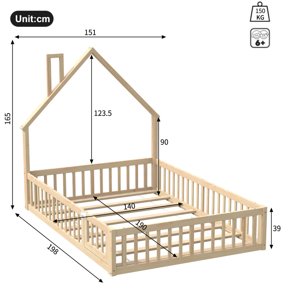 DĚTSKÁ postel z borovice a MDF 140x190 cm přírodní s roštem, bezpečnostním zábradlím a komínovým designem - přírodní, kompozitní dřevo (140/190cm) - Modfu