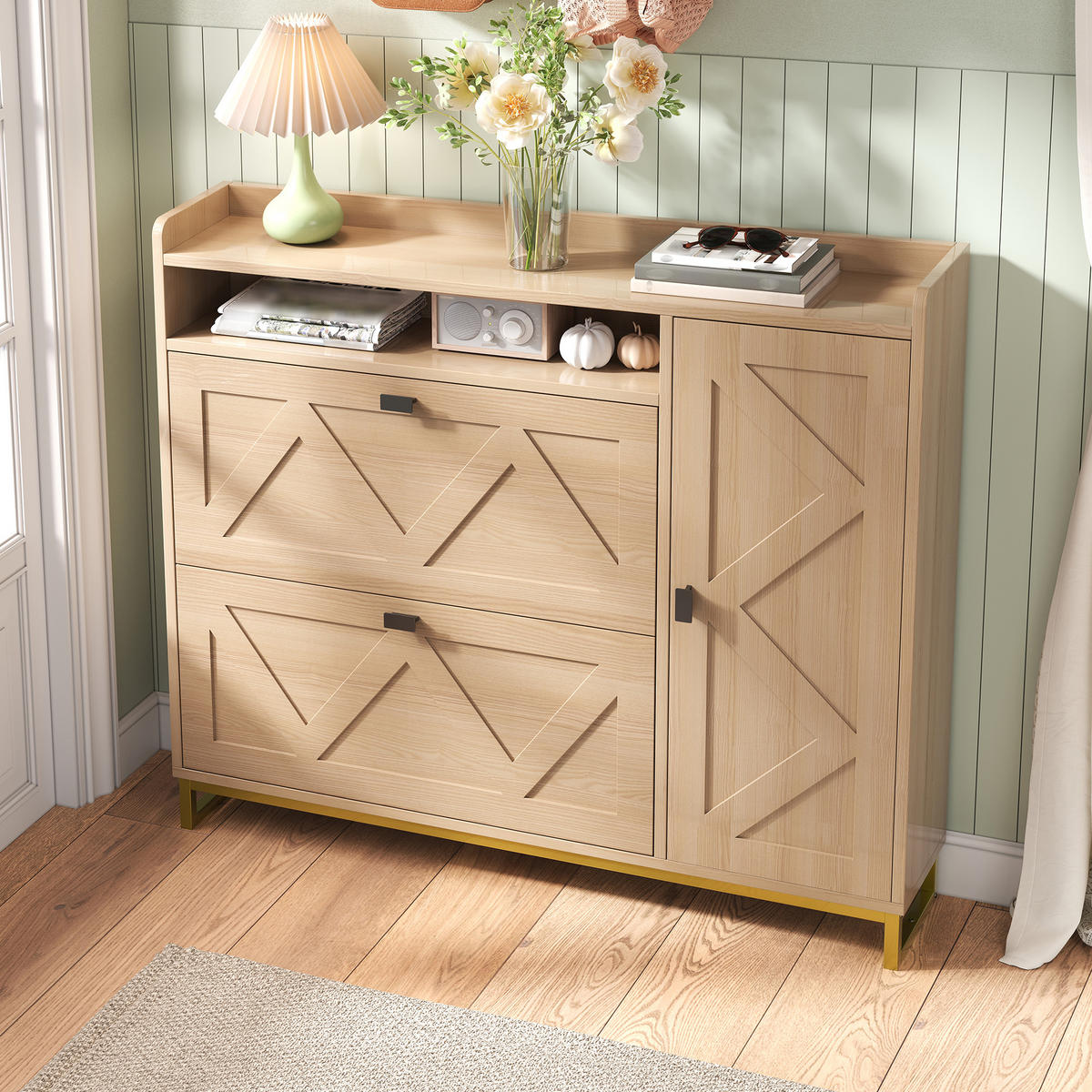 SCHUHSCHRANK aus MDF 110x24x100cm in Natur mit Soft-Close - Naturfarben, Holzwerkstoff (110/100/24cm) - Modfu