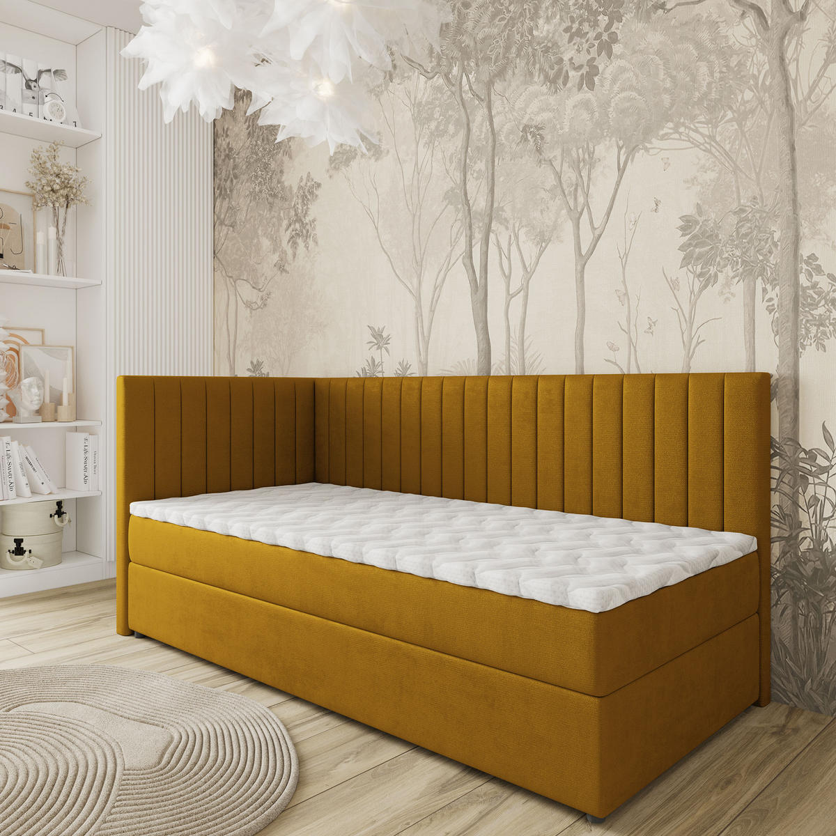 BOXBETT ARIS 80x200 cm mit Matratze und Topper, H2+H3 - Gelb - Gelb, Holz (80/200cm) - MASSENO