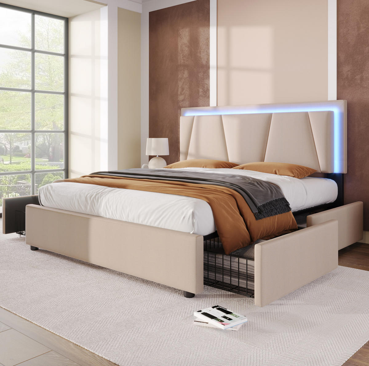 POLSTERBETT mit LED und 4 Schubladen 160x200 cm Beige mit Matratze - Beige, Holzwerkstoff (160/200cm) - Beauniv
