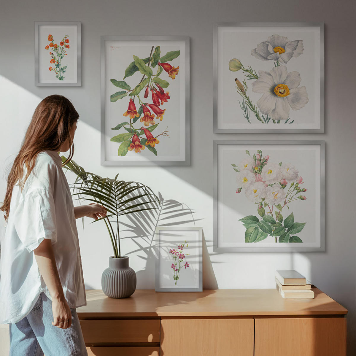WANDBILDER 5er Set - 50x50 cm & 20x30 cm & 40x60 cm Silberner Rahmen - Blumenmalerei im Retro-Stil - Silberfarben, Kunststoff (40/60cm) - ArtPrintCave