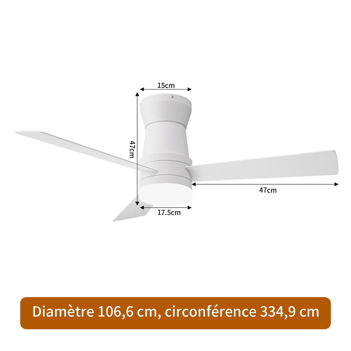 DECKENVENTILATOR 106,6cm Direktmontage Weiß 3 Flügel LED Licht - Weiß, Kunststoff (107/107/47cm) - CASIVA
