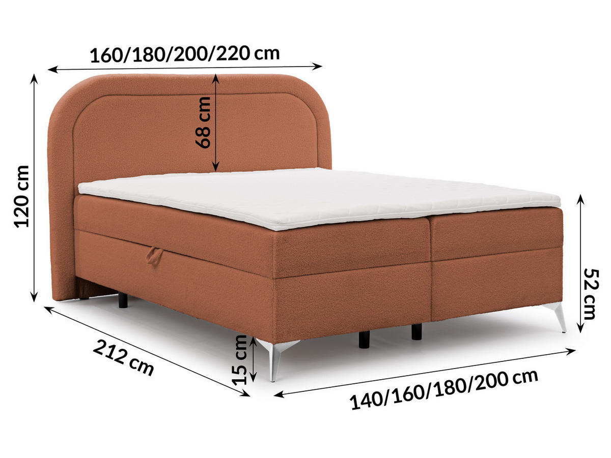 BOXBETT Sonna 160/200 cm Terrakotta Bouclé-Stoff mit abgerundetem Kopfteil und mit silbernen Metallfüßen - Silberfarben/Terra cotta, Holz/Textil (160/200cm) - S-Style Möbel