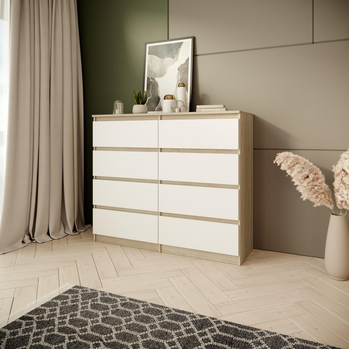KOMMODE Look 100 cm mit acht Schubladen, eiche Sonoma+weiß - Weiß/Sonoma Eiche, Holzwerkstoff (100/93/33cm) - Beautysofa