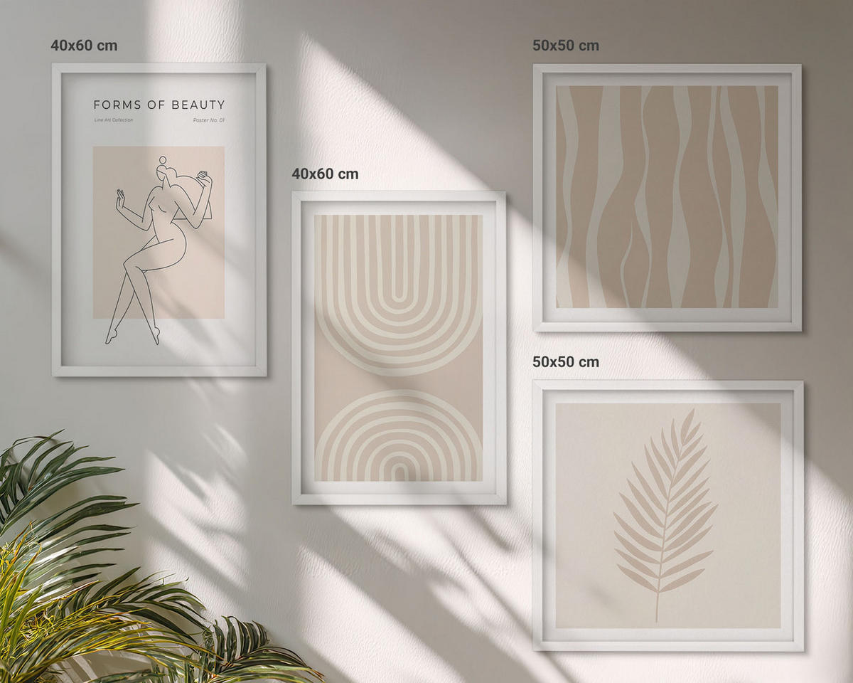 BILDER SET 4er Set - 50x50 cm & 40x60 cm Weißer Rahmen - Abstrakte Boho-Dekorationen - Weiß, Kunststoff (50/50cm) - TULUP