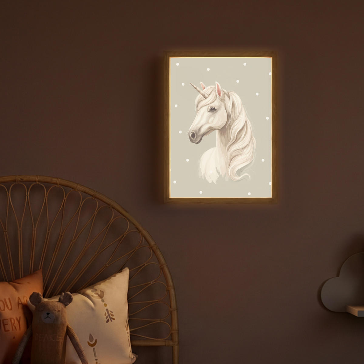 NÁSTĚNNÁ LAMPA S AKUMULÁTOREM Jednorožec - bílý - tečky 30x40 cm - šedohnědá, kompozitní dřevo (30/40/8cm) - OnlyWow