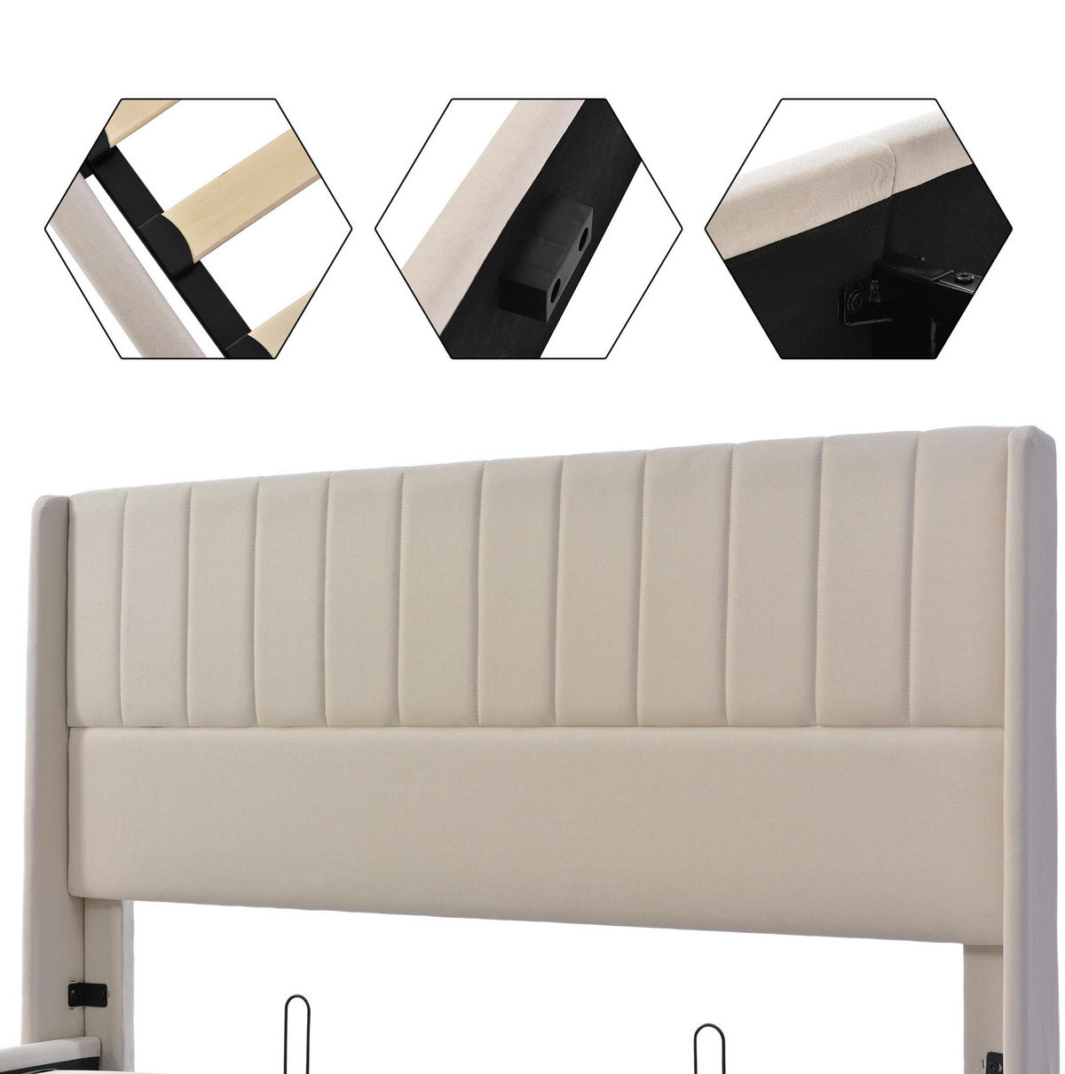 POLSTERBETT 180/200 cm mit hydraulischem Bettkasten, gepolstertem Kopfteil und Leinenbezug, Beige - Beige, Textil (180/200cm) - Redom