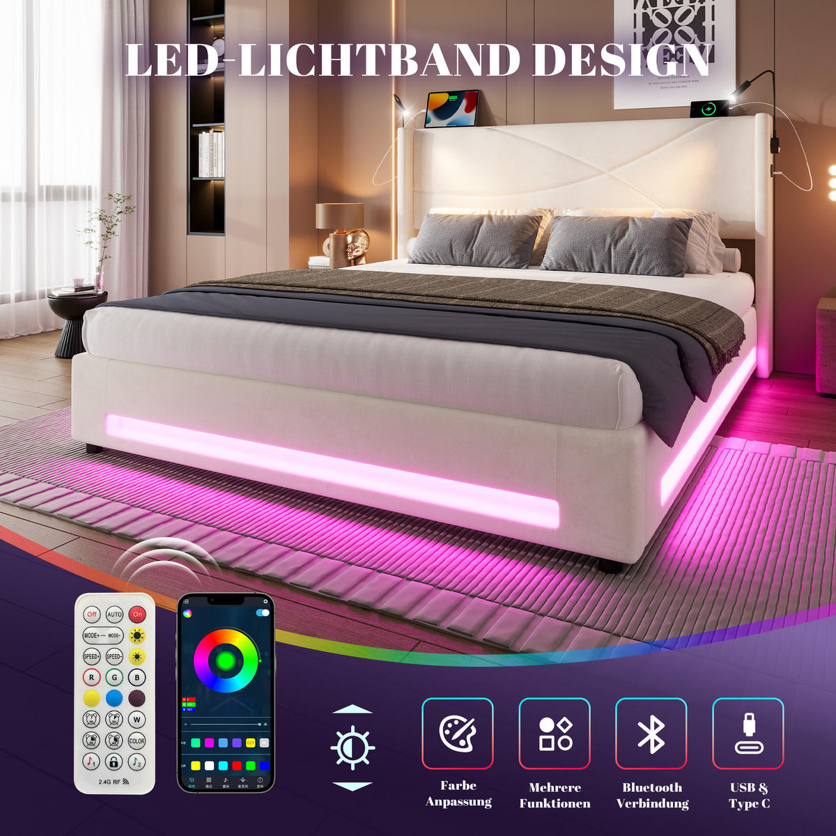 POLSTERBETT 140x200 cm LED USB Stauraum - Beige, Textil (140/200cm) - LEBENLANG