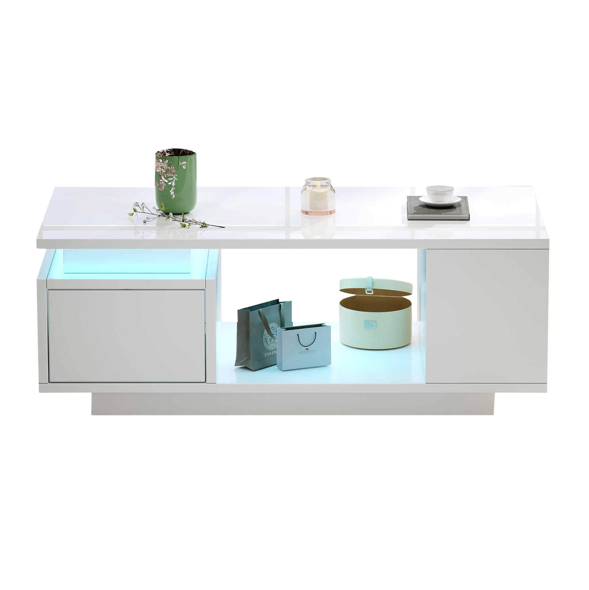 COUCHTISCH mit Schublade 100 x 50 x 36 cm Hochglanz Weiß mit LED - Weiß, Holzwerkstoff (100/50/36cm) - Meubliv