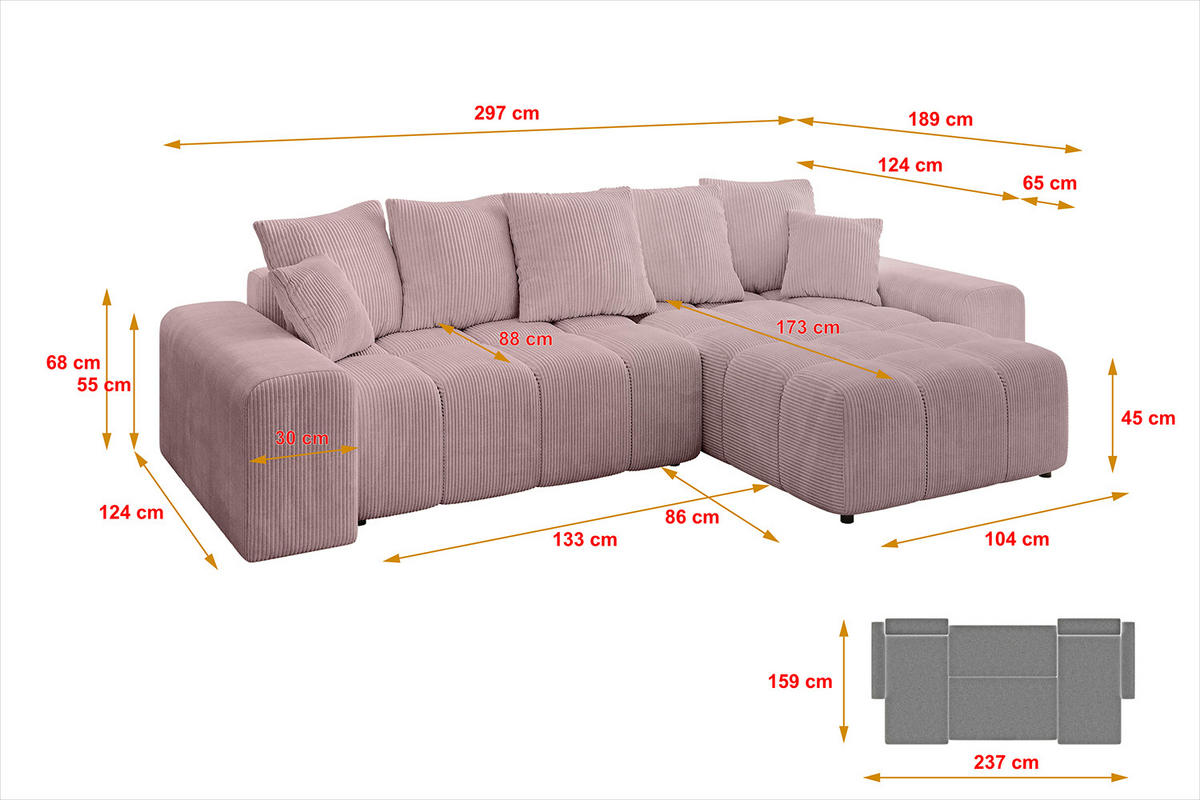 ECKSOFA Ottomane rechts ENIL-L 297x189x68 Rosa Cord - Rosa, Holzwerkstoff/Kunststoff (189/297cm) - ALTDECOR