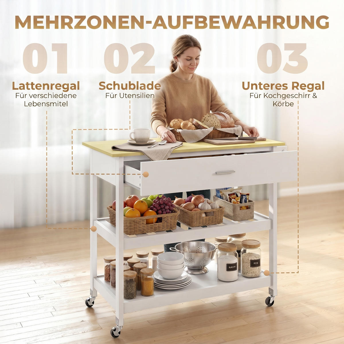 KÜCHENWAGEN, Rollwagen mit Arbeitsplatte und Handtuchhalter, Weiß - Multicolor, Metall (108.8/92.5/51cm) - FORIOUS