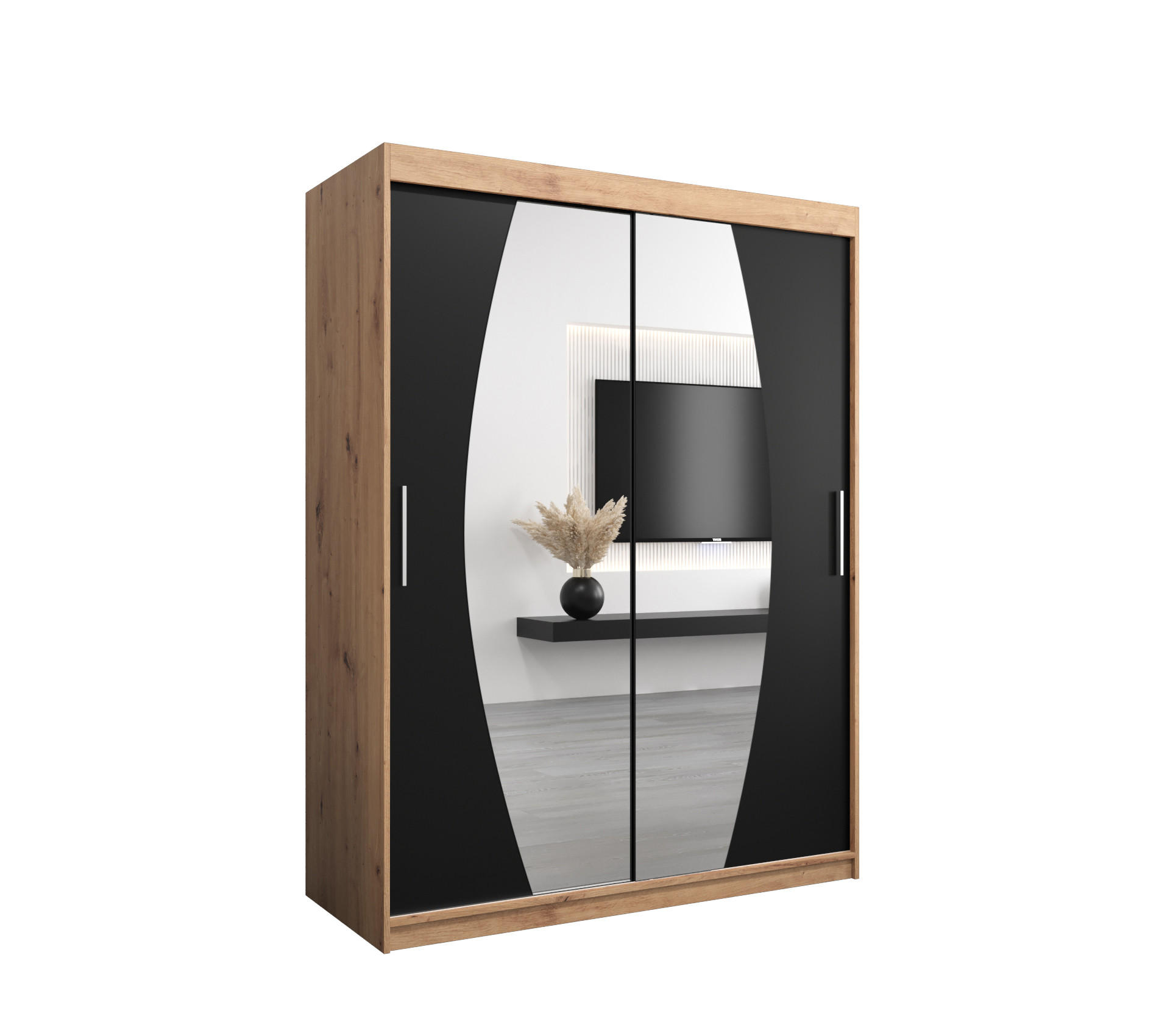 Abiks Möbel Schwebetürenschrank Eiche Artisan, Schwarz 150x200x62 cm