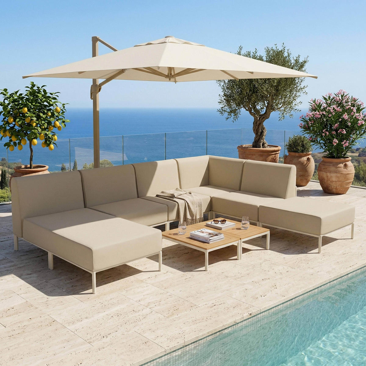 GARTENSOFA mit 6 Sitzplätzen, Beige - Beige, Textil (180/78/360cm) - Oviala