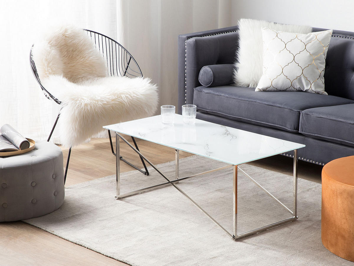 COUCHTISCH Marmor Optik weiß/silber rechteckig 100/50 cm Emporia - Silberfarben/Weiß, Glas (50/100/40cm) - Beliani