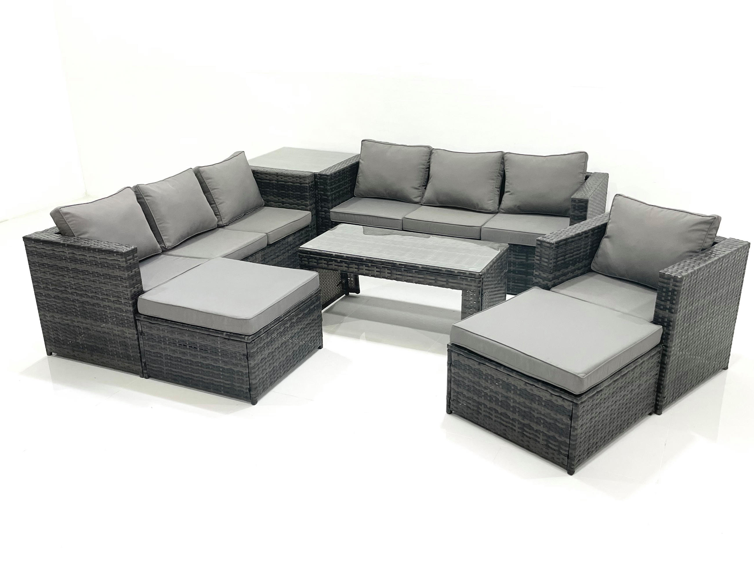 GARTENMÖBEL-SET COUCHTISCH SESSEL SOFA mit HOCKER Polyrattan Dunkelgrau Gemischt 9-Sitzer - Dunkelgrau/Grau, Glas/Kunststoff - Fimous