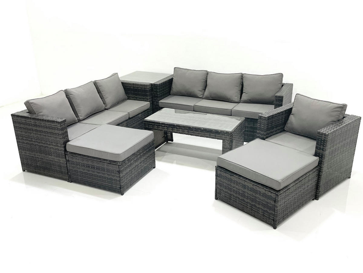 GARTENMÖBEL-SET COUCHTISCH SESSEL SOFA mit HOCKER Polyrattan Dunkelgrau Gemischt 9-Sitzer - Dunkelgrau/Grau, Glas/Kunststoff - Fimous