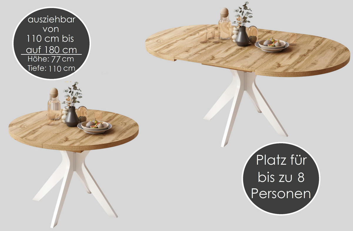 ESSTISCH rund Weiß matt - Schwarz matt ausziehbar - Schwarz/Weiß, Holzwerkstoff (110/110/77cm) - designimpex