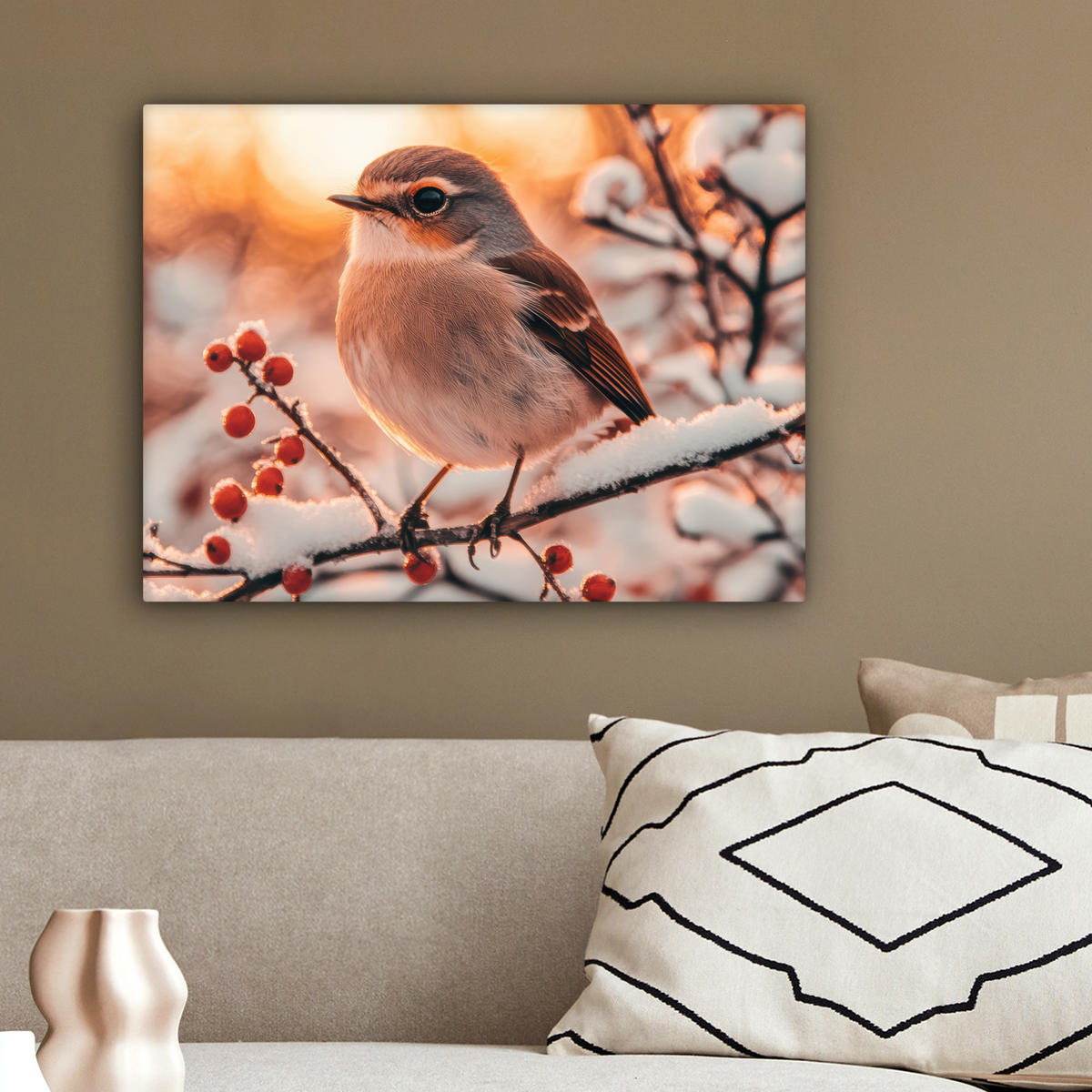 LEINWANDBILD Vogel - Zweig - Winter - Tiere - Schnee 40x30 cm - Bernsteinfarben, Textil (40/30cm) - MuchoWow