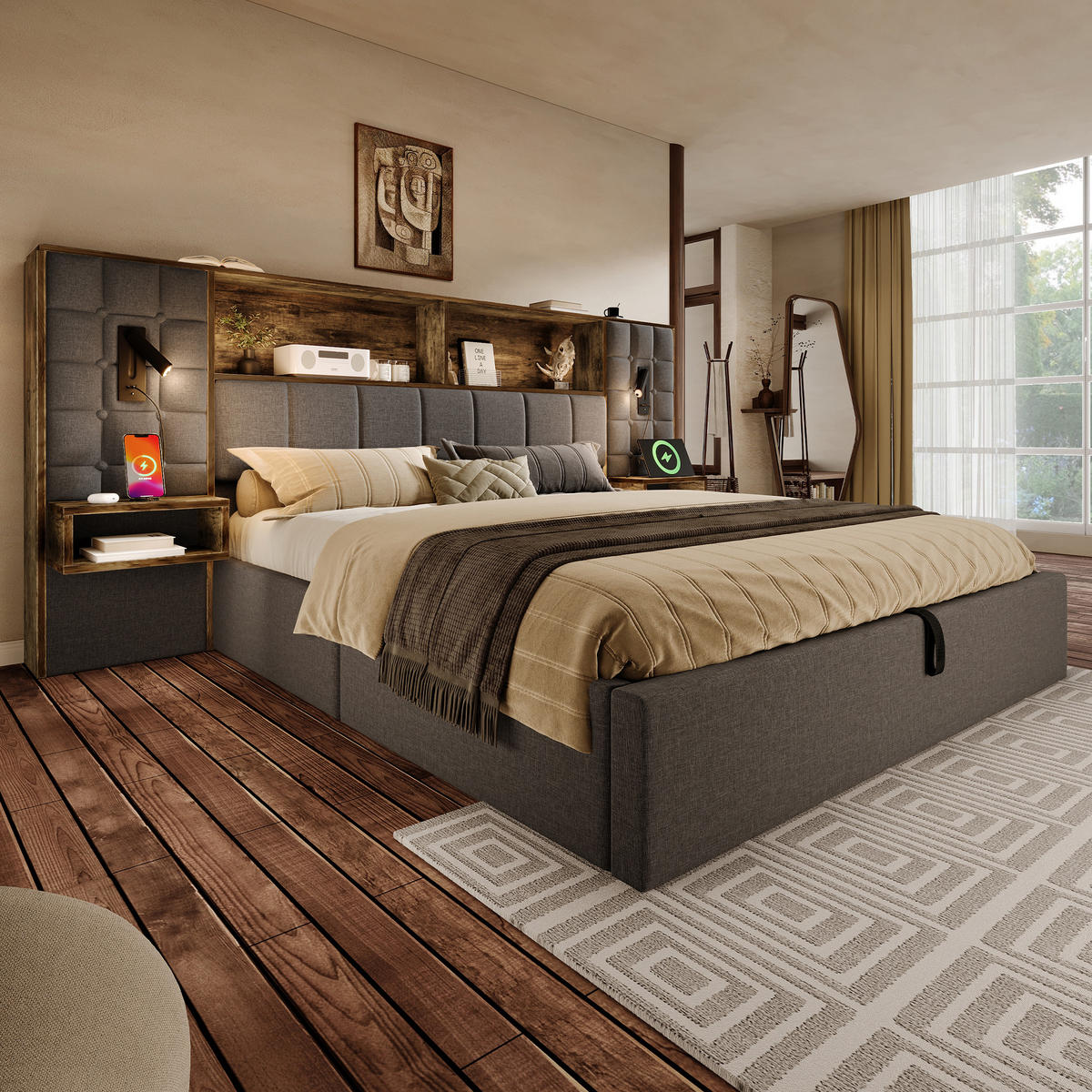 BETT 180/200 cm in Grau Leinen mit Stauraum, LED, Leselampen, Nachttischen und USB Type-C - Grau, Holzwerkstoff/Textil (180/200cm) - WISHDOR