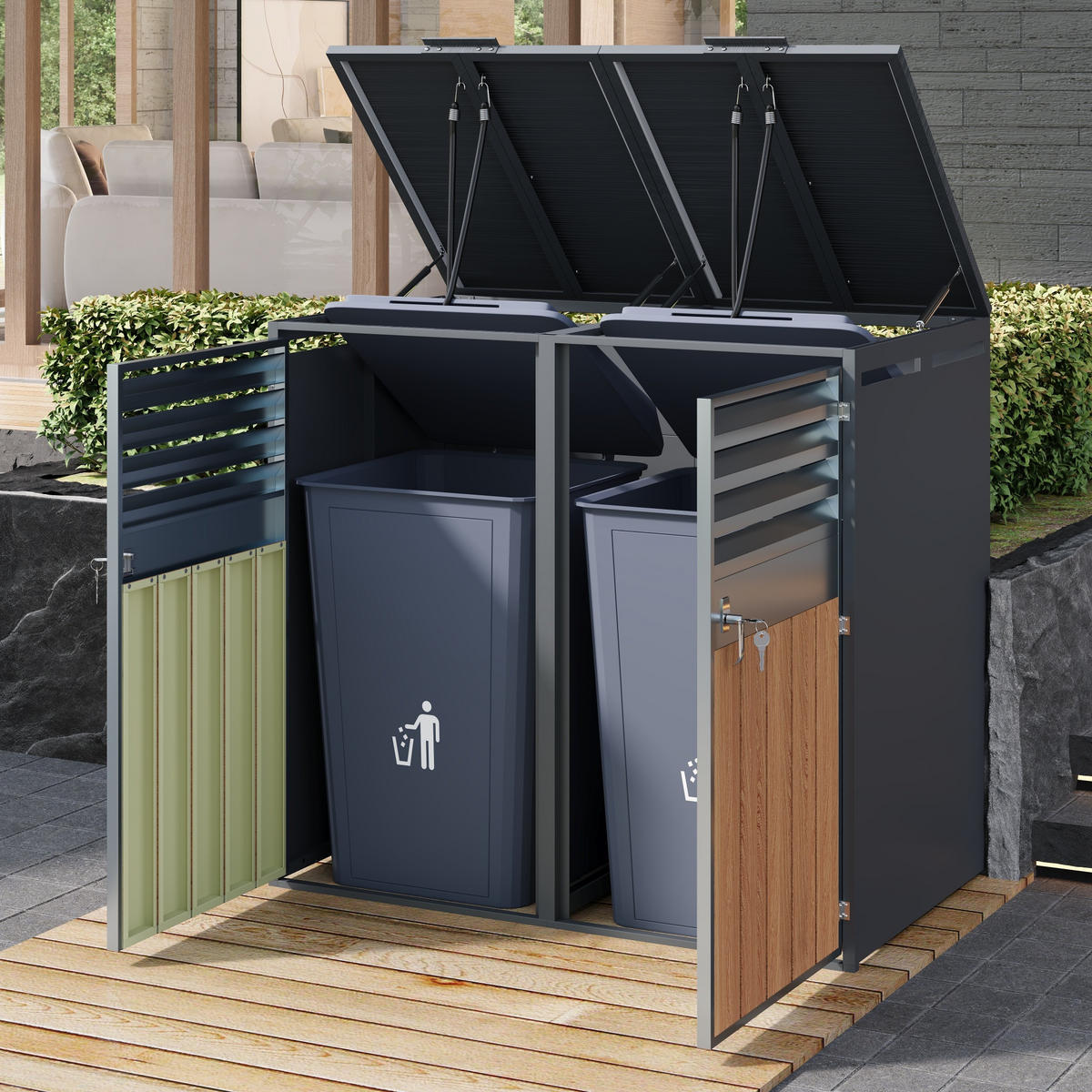 MÜLLTONNENBOX Zweiteilig Holzmaserung Grau - Grau, Metall (132/118.5/80cm) - ComfortXL