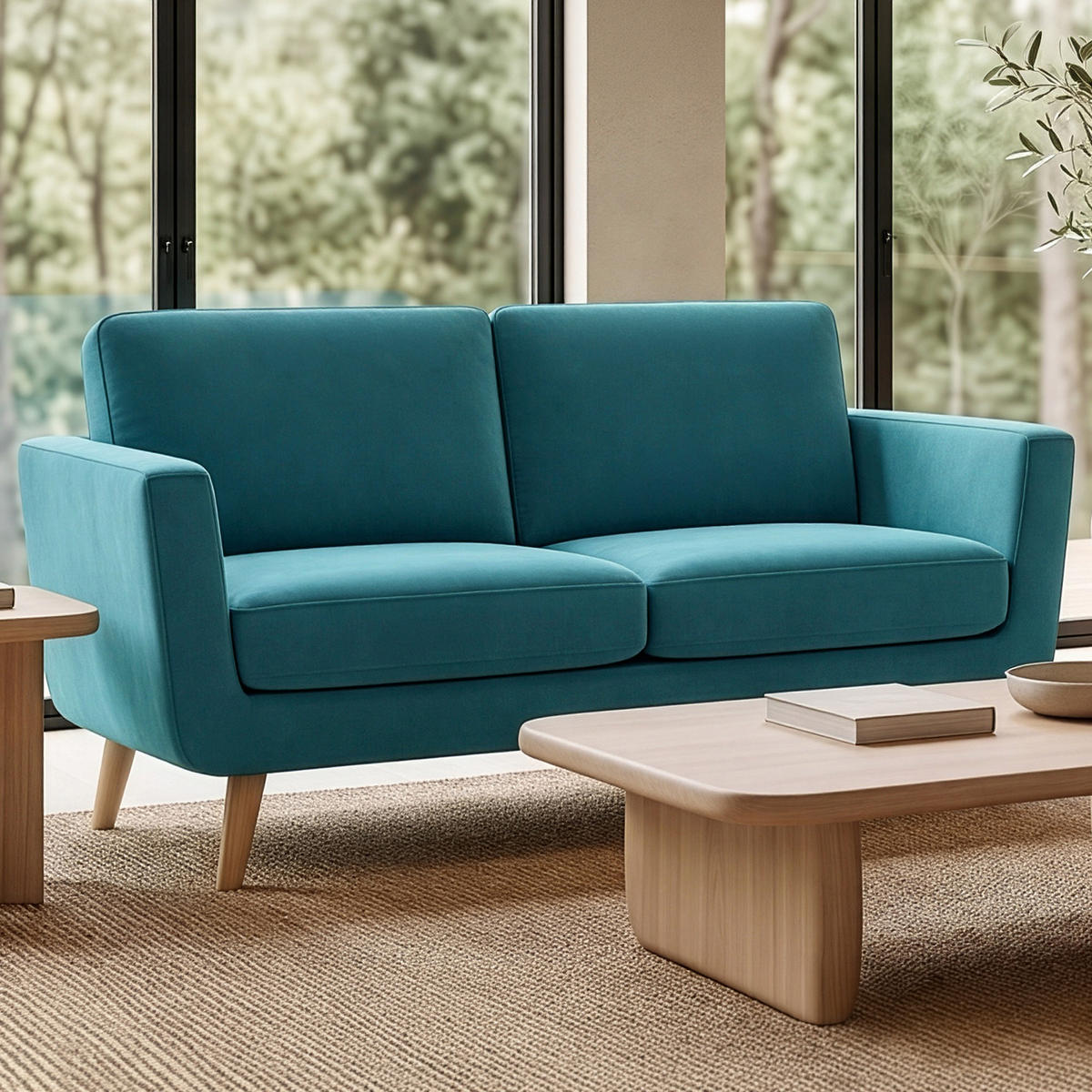 SOFA TAGIO mit Armlehnen, Türkisblau - Türkis/Braun, Buchenholz/Textil (153/80/84cm) - KONSIMO®