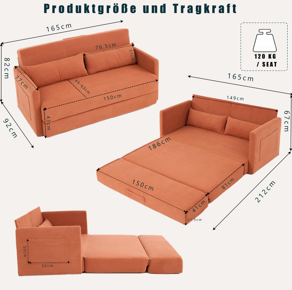 SOFABETT klappbar 165 x 92 cm Cord Orange 2-Sitzer - Orange, Metall (165/82/92cm) - Meubliv