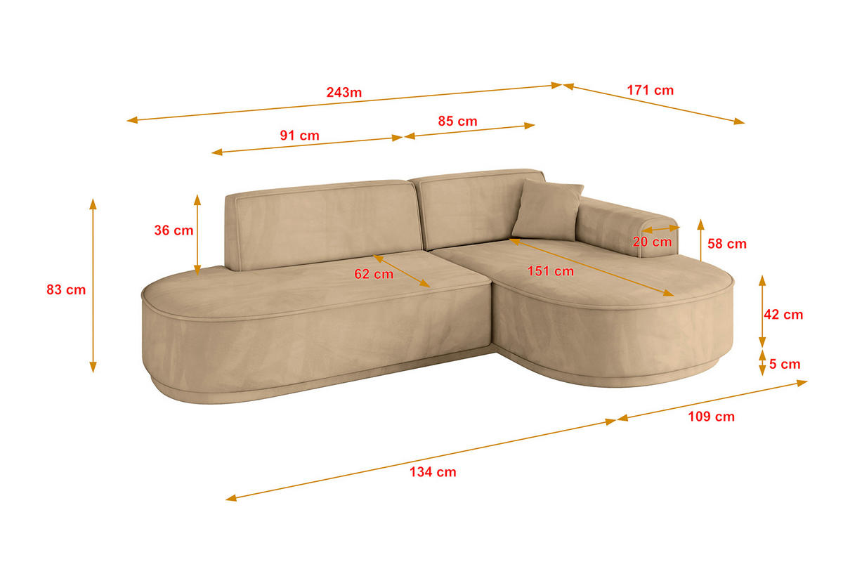 ECKSOFA Ottomane Rechts MARI-L1-v3 - 243x171x83 cm Taupe Velours - Taupe/Schwarz, Holzwerkstoff/Kunststoff (171/243cm) - ALTDECOR