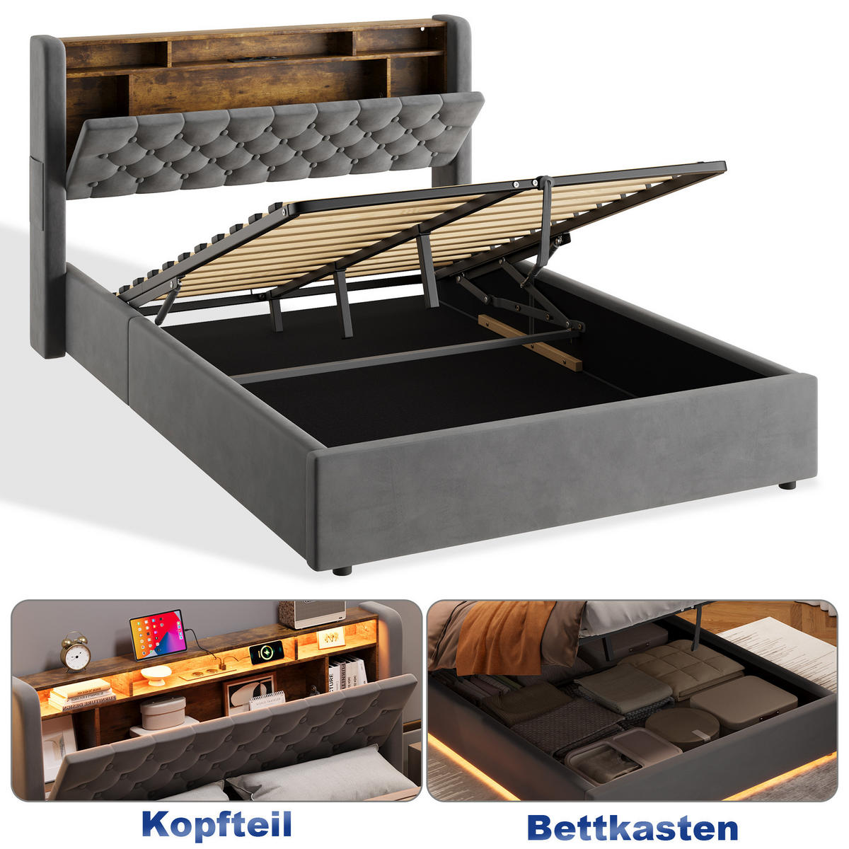 POLSTERBETT 140/190 cm in Dunkelgrau Samt mit Bettkasten, LED-Beleuchtung und USB-Anschluss - Dunkelgrau, Holzwerkstoff/Textil (140/190cm) - CHICFURN